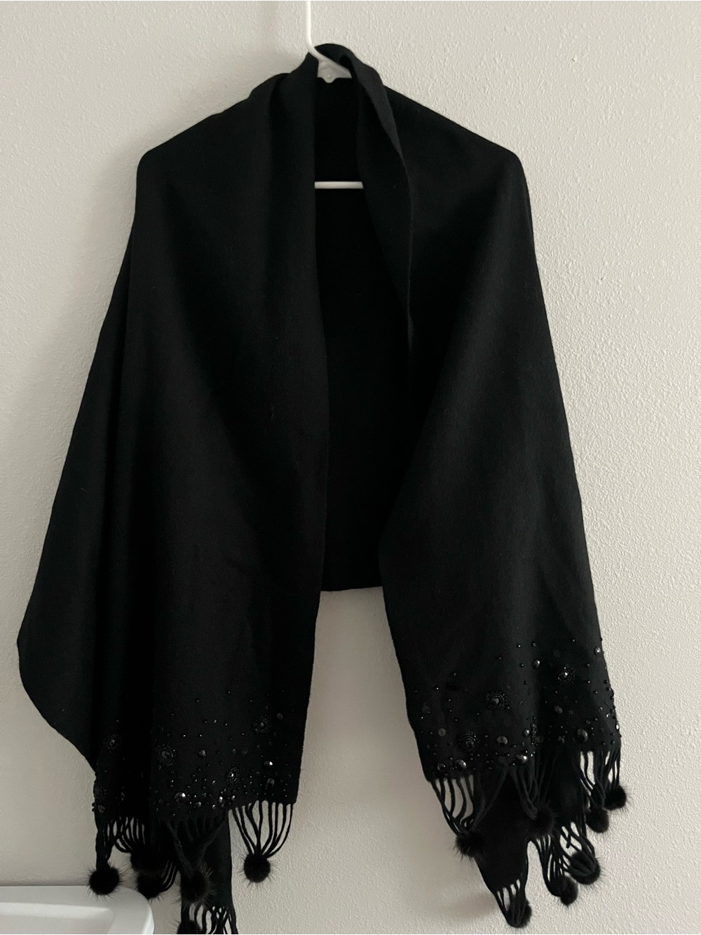 Vintage Fletcher Bensky Fine Furs Black Wool Beaded Fringe Wrap Scarf